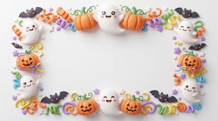 Naklejka premium Cute Halloween border with clay ghosts and pumpkins. Spooky holiday frame with 3D characters. Festive invitation background for kids party.