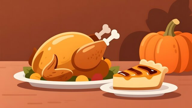 Thanksgiving roasted turkey on platter, pumpkin pie slice with autumn squash, festive holiday dinner feast in flat vector style