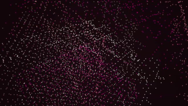 Glowing magenta and white plus signs form rhythmic patterns across a deep dark celestial space