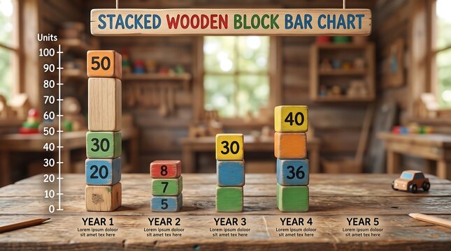 An educational stacked wooden block bar chart featuring numerical unit axes and year labels (Year 1 to Year 5), displayed on a rustic wooden table inside a toy workshop background