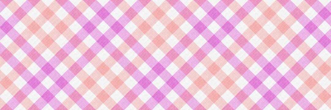 Seamless purple and pink diagonal gingham plaid pattern background. Pastel checkered fabric texture for picnic tablecloth, wallpaper, and textile.