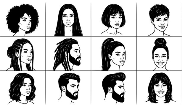 People hairstyle portrait collection featuring diverse haircuts braids curls ponytails buns and modern vector designs