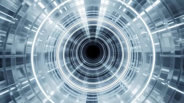 Futuristic Metallic Tunnel With Concentric Glowing Rings In Central Perspective Architecture