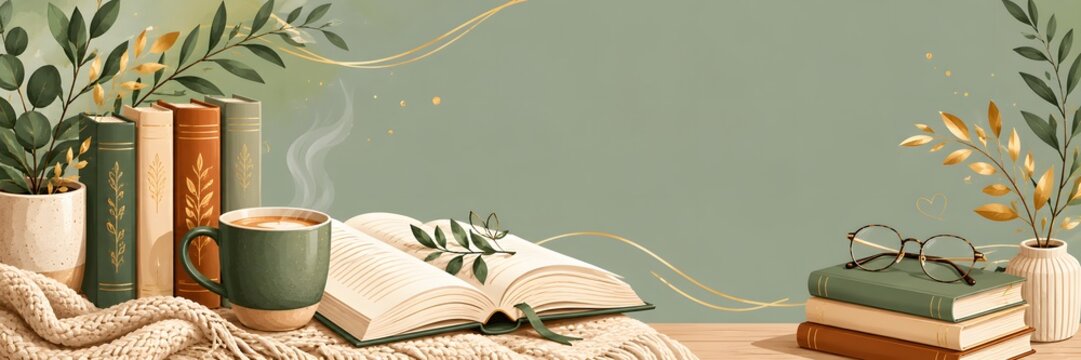 Cozy book banner, aesthetic reading nook, sage green decor