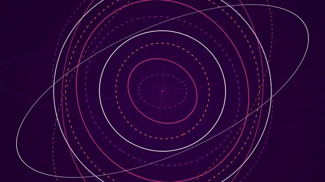 Glowing neon circles and rotating orbital paths forming a complex mathematical geometric movement on dark purple
