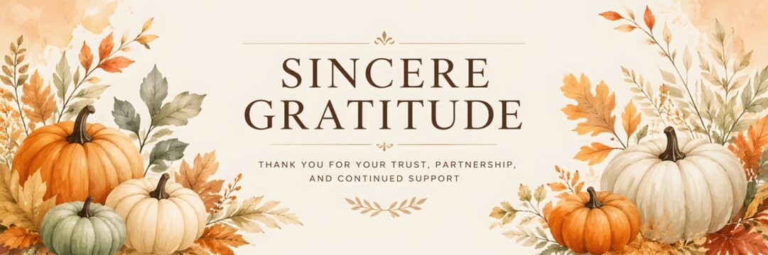 Sincere Gratitude autumn banner, watercolor pumpkin and fall leaves background, elegant thank you message for business partnership