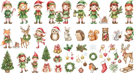 Naklejka premium A festive collection of watercolor christmas elves and woodland animals with holiday decorations isolated on a white background for seasonal designs