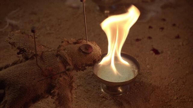 A voodoo doll over a cup on fire. Ancient black magic ritual to cause pain to someone.
