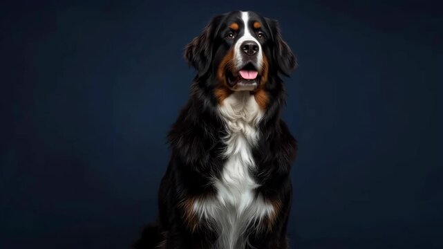 Bernese Mountain Dog Tricolor Studio Portrait Against Dark Background, Friendly Expression