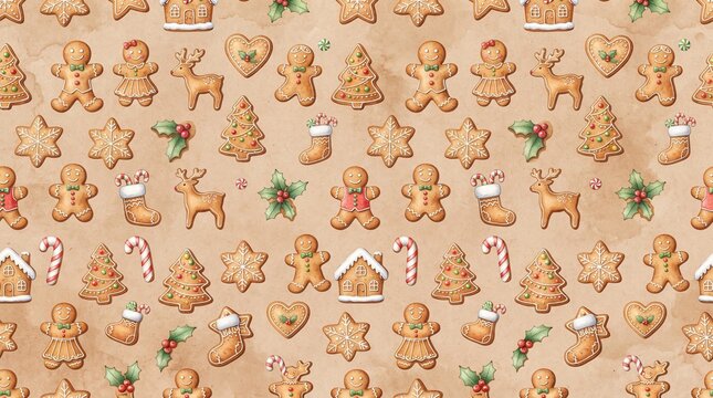 Cute Watercolor Gingerbread Cookies Seamless Pattern for Christmas and Winter 16:9 8k Realistic Portrait.