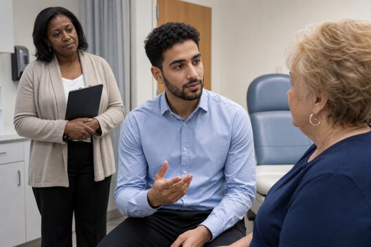 Medical Interpreter Training As The Trainee Remains Composed And Neutral While The Patient Looks Toward Him