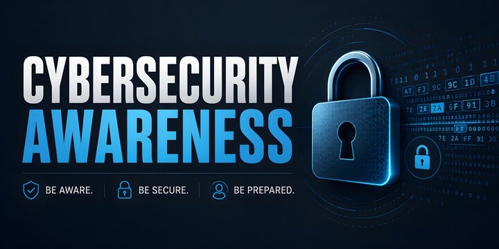 Cybersecurity awareness banner, digital lock, data safety