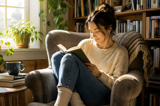 Woman Reading Book in Cozy Library Armchair 