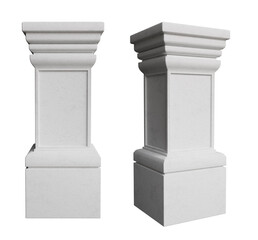 Obraz premium Classic white stone pillar pedestal and balustrade post mockup set from front and perspective views isolated on white background, 3d render