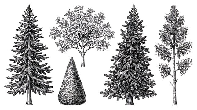 Vintage Trees Engraving Vector Set Including Pine Spruce Cedar and Flowering Tree