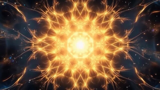 Abstract Golden Energy Sphere with Luminous Radial Mandala Fractal Cosmic Symmetry and Radiant Light