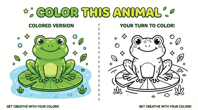 Frog coloring activity sheet for kids with colored example and outline for drawing.