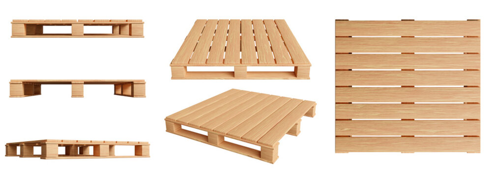 Wooden pallet mockup set from top, front, side, and perspective views isolated on white background, 3d render