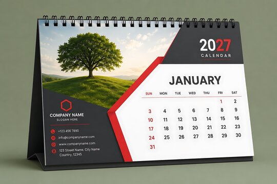 Modern 2027 desk calendar mockup, January monthly planner with nature landscape, professional office stationery for business planning