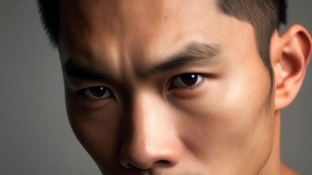 Intense Asian Adult Man Portrait with Serious Face and Dramatic Studio Lighting