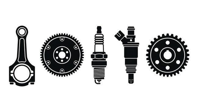 Car Engine Spare Parts Vector Icon Set Including Piston Rod Gear Flywheel Spark Plug and Fuel Injector