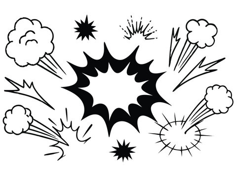 Hand drawn comic explosion speech bubble element set with burst clouds blast flashes and comic sound effect vector line art