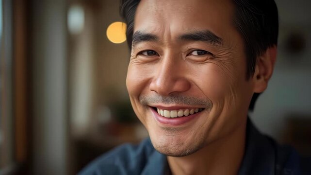 Smiling Middle Aged Asian Man Portrait With Warm Indoor Lighting And Friendly Expression