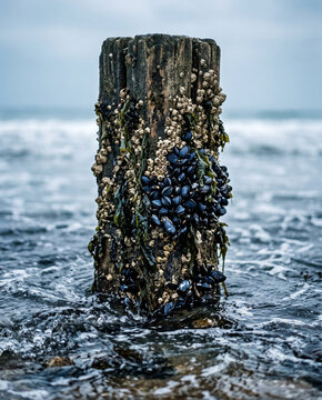 Vertical photo of a wooden piling covered with mussels and barnacles in the sea. Marine ecosystem on the autumn coast. International Black Sea Day
