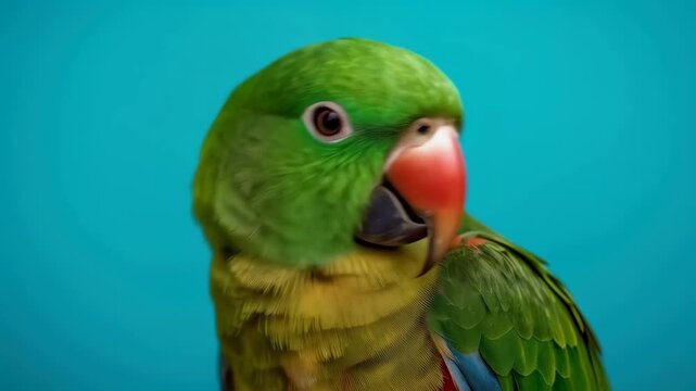 Green Parrot Portrait with Red Beak Against Turquoise Background Bird View