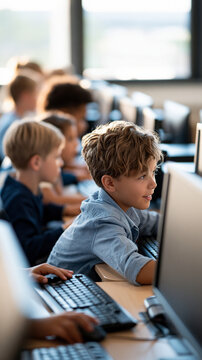 Rear view of five children seated in a row at desktop computers in a bright school computer lab engaged and smiling faceless composition children school computer lab technology