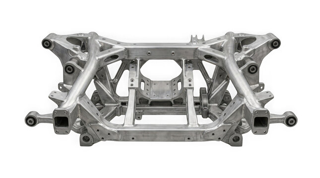 silver metal automotive chassis subframe crossmember part isolated on transparent background