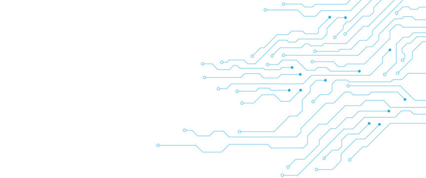 Futuristic blue circuit board pattern on white background, digital technology motherboard lines vector, abstract electronic network connection for high-tech communication and data science
