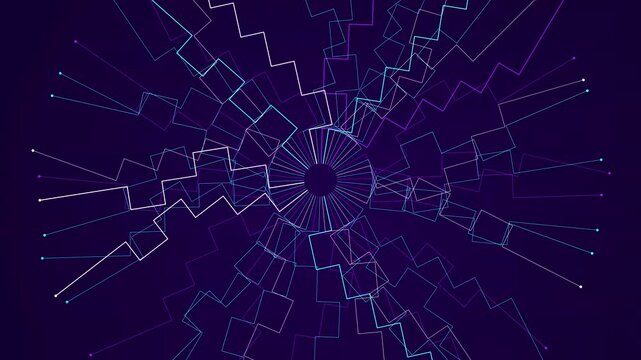 Glowing neon lines form a geometric circular structure with radiating nodes on a deep purple surface