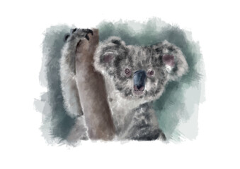Cute koala painting sitting on a tree branch, digital watercolor illustration  © Bloodiest