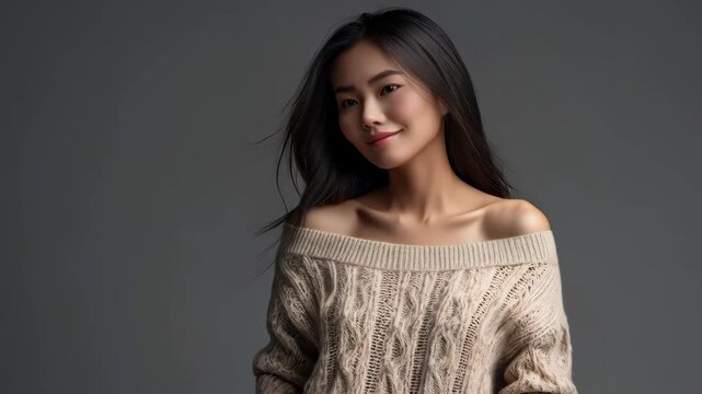 Asian Woman Beige Sweater Gentle Smile Studio Portrait Female Adult Calm Expression
