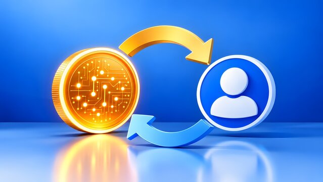 3D render of glowing golden digital cryptocurrency coin and blue user profile icon with exchange arrows for peer to peer transaction concept.