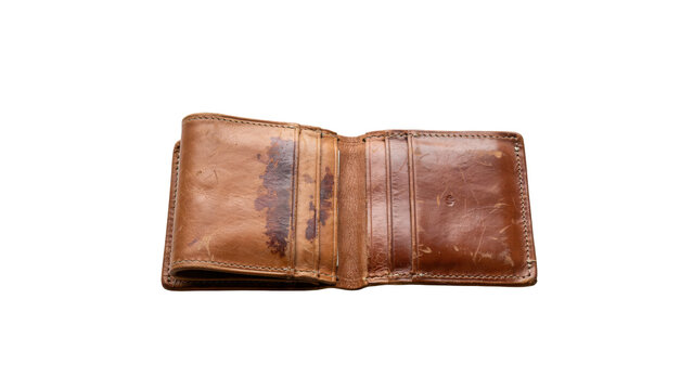 Open brown leather bifold wallet with visible wear and scratches on a white surface isolated on a transparent background