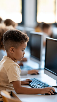 Rear view of kids seated at desktop computers in a bright school computer lab focused on their screens faceless composition kids computer lab education technology classroom students
