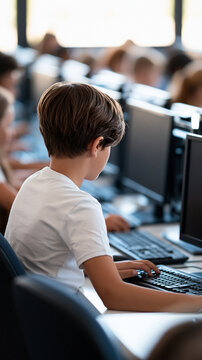 Rear view of kids seated at desktop computers in a bright school computer lab focused on their screens faceless composition kids computer lab education technology classroom students