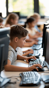 Rear view of kids seated at desktop computers in a bright school computer lab focused on their screens faceless composition kids computer lab education technology classroom students