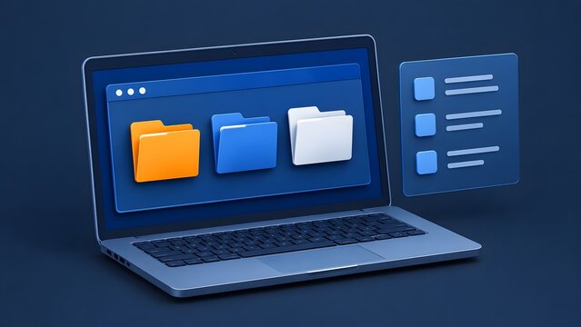 Open laptop computer displaying colorful digital folders and floating task list for file management and digital storage concept.