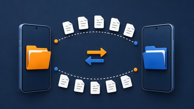 3D illustration of mobile file transfer between two smartphones with folders and digital document icons for wireless data sharing.