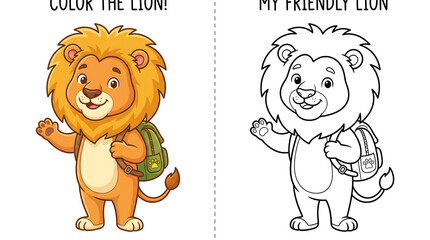 Fototapeta premium Lion coloring worksheet for kids with colored example and outline drawing on white background