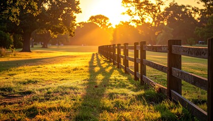 Obraz premium Golden Sunset Light Streaming Through Trees Along a Wooden Fence