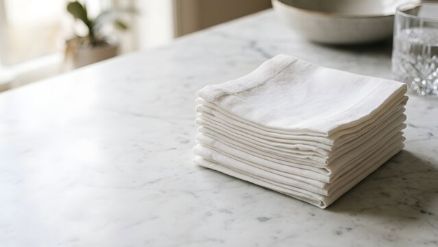 Stack of neatly folded white linen napkins on a marble countertop with soft light