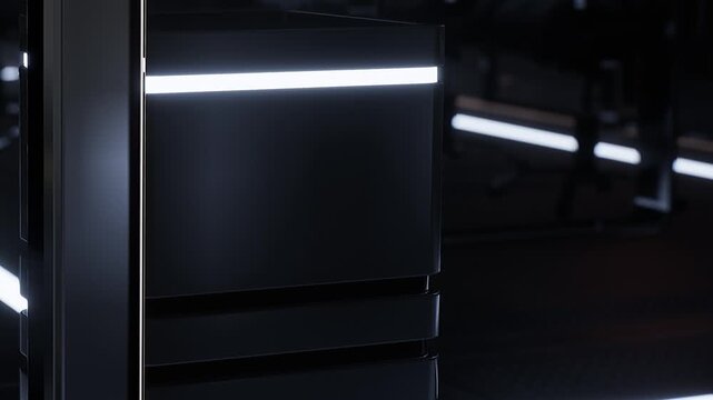 A bin stands in a dark room illuminated by soft white lights. The surrounding area reflects a modern design with minimal elements visible in the background.