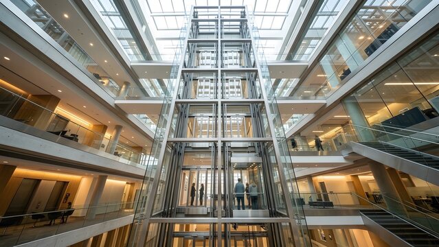 Modern atrium interior with glass elevator and multiple floors
