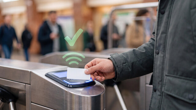 Contactless card payment and transit fare concept, passenger tapping smart card on subway turnstile with checkmark and wireless icon for NFC metro access, public transport and commuter travel