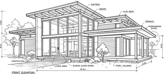 Obraz premium Architectural front elevation sketch of a modern post and beam house with technical structural annotations