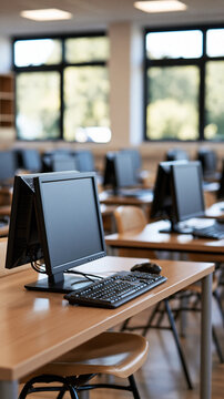Empty high school computer lab classroom with rows of desks monitors and chairs left unused in soft bright daylight quiet empty interior computer lab classroom education technology